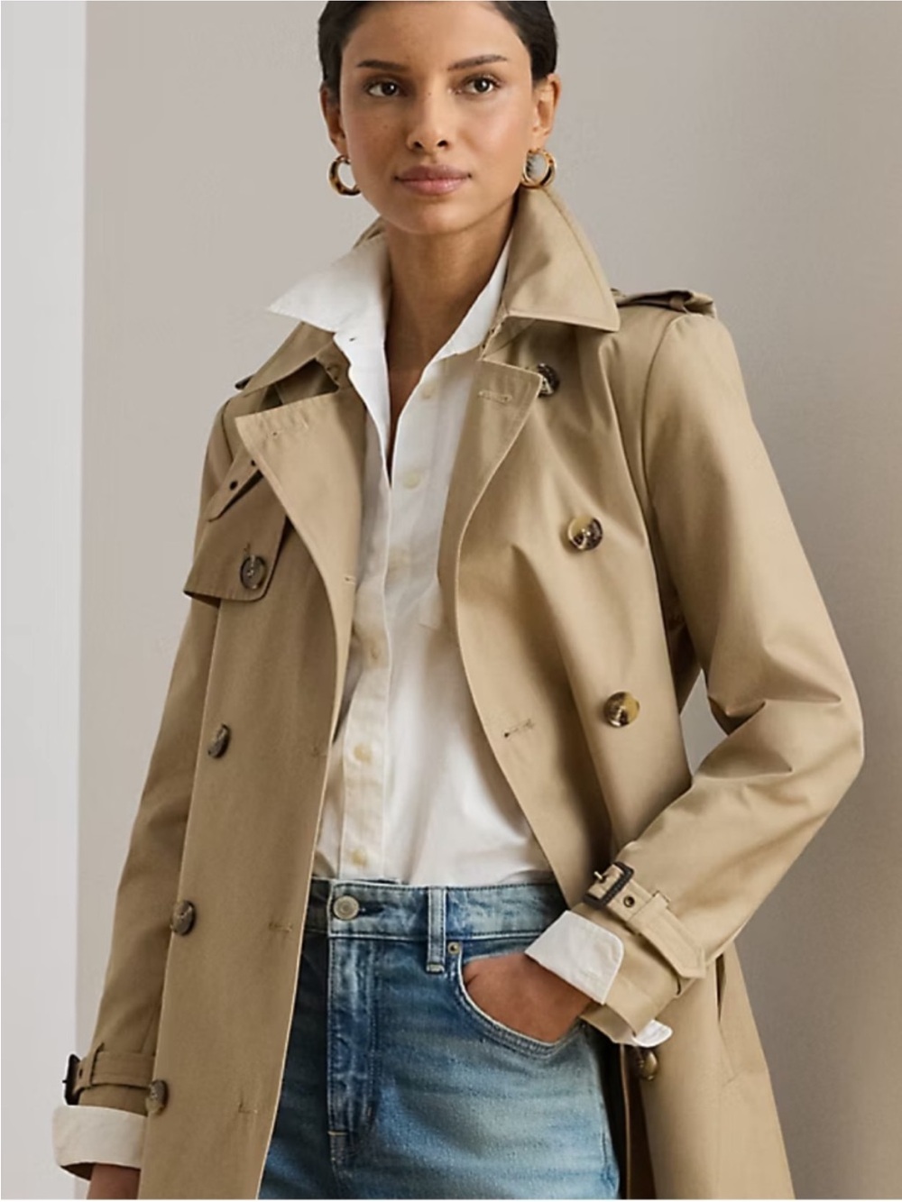 Lauren Ralph Lauren Double-Breasted Cotton-Blend Trench Coat, Sand, S